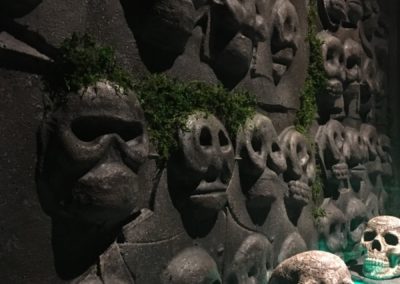 rows of skulls carved into a faux stone wall with green lighting